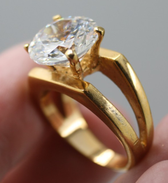 18K yellow gold plated large 12mm round clear stone double style band ring sz 8