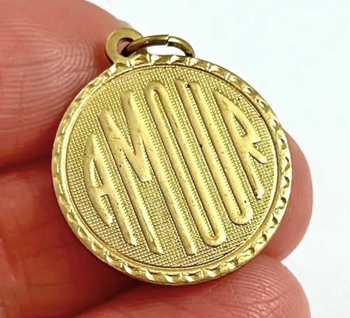 Vintage French Amour Charm Love Necklace Pendant Brass Metal Jewelry For Women