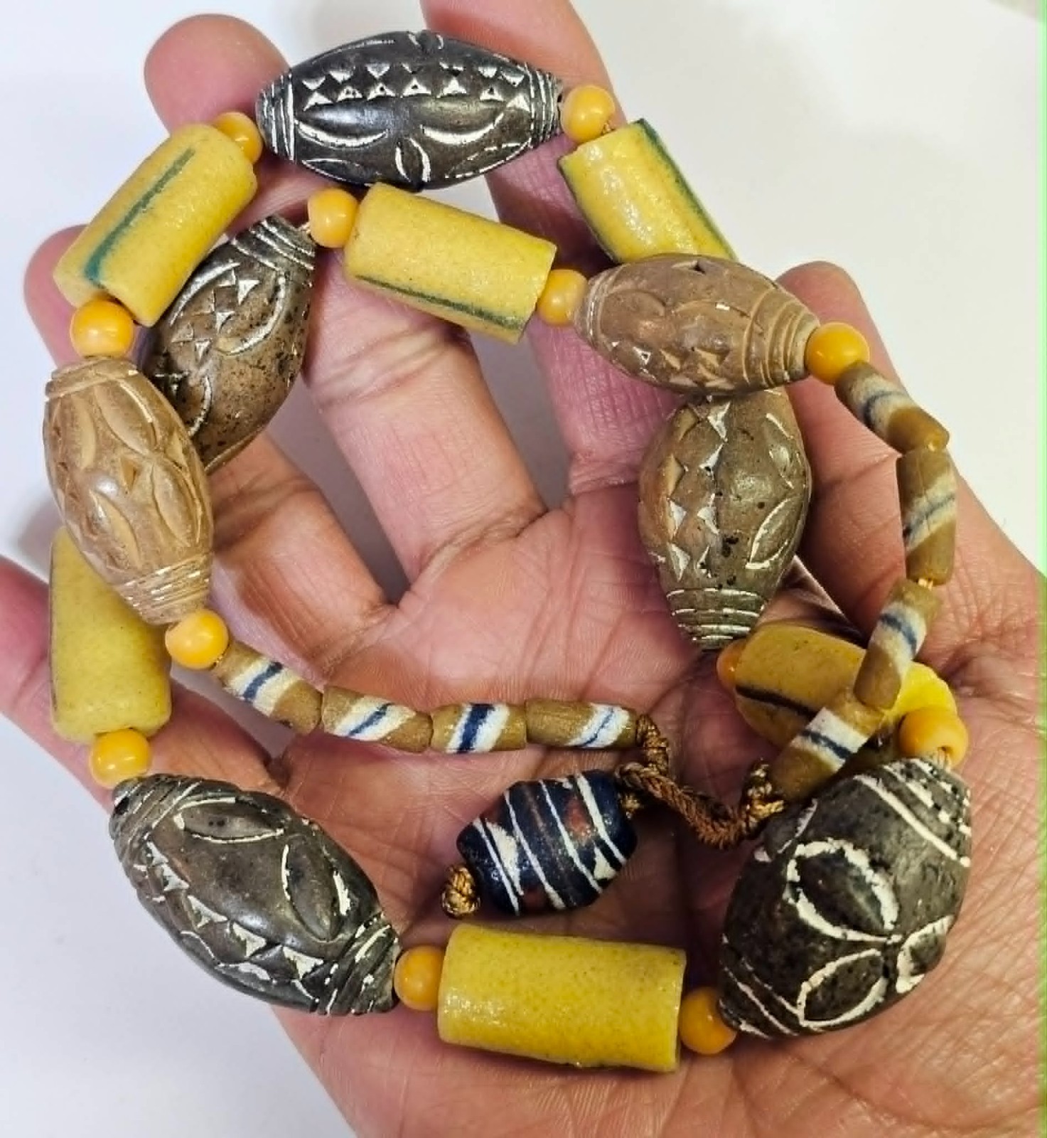 Tibetan Dzi/ African Trade? Necklace Large Yellow Glass Brown Ceramic Beads Boho