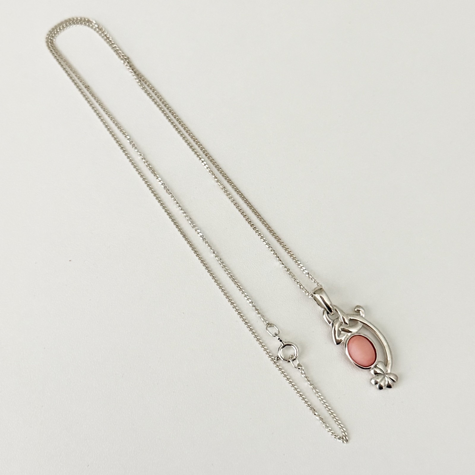 925 Sterling Silver Ireland Signed Pink Opal Shamrock Flower Necklace 18″
