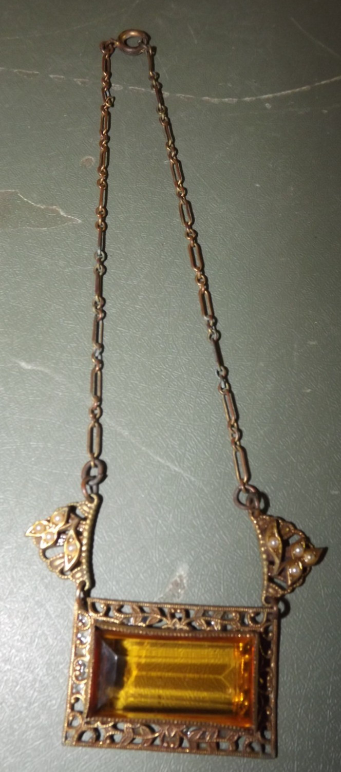 Vtg/Antique Art Deco Czech Filigree Necklace w/Amber Colored Stone