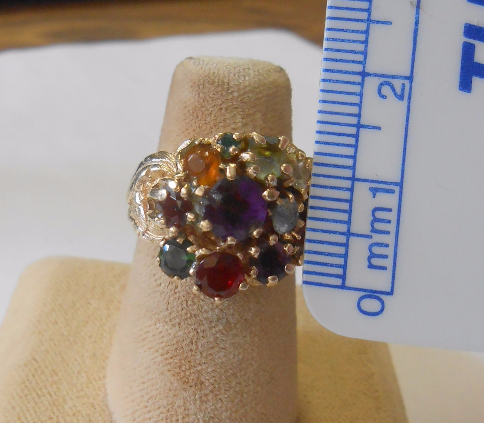 Fruit Salad 14K Gold Multi Stone Ring Diamond Sapphire Topaz Garnet Amethyst