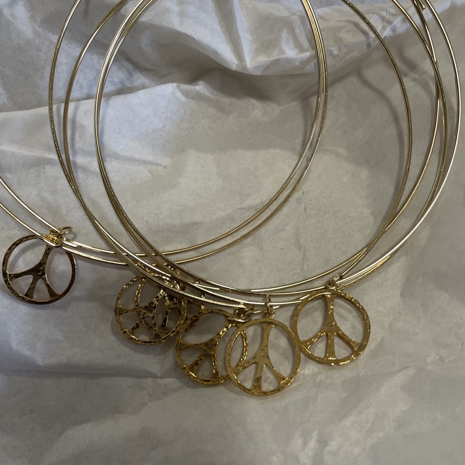 6 Vintage Gold Plated Neck Wires With Peace Sign Charm