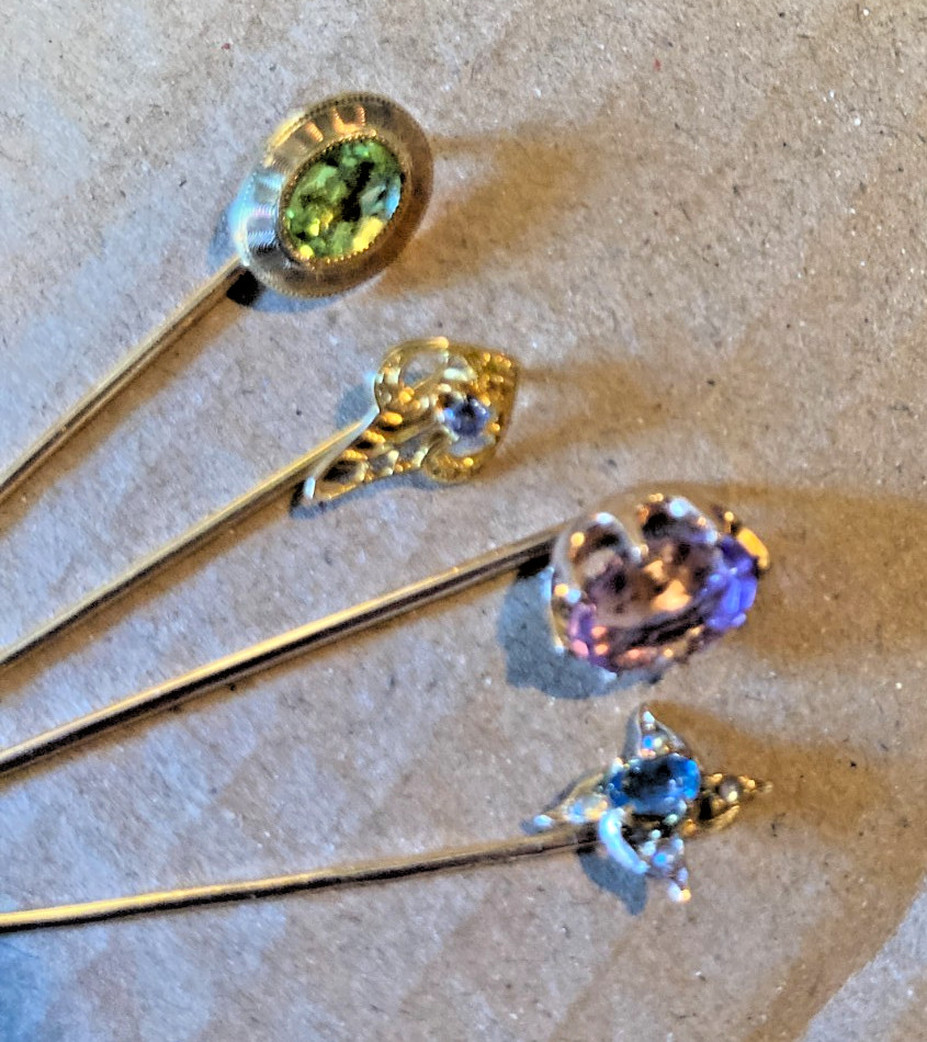 Antique 14k Gold Gem Set Stickpin Lot Amethyst Peridot Sapphire Topaz BIN