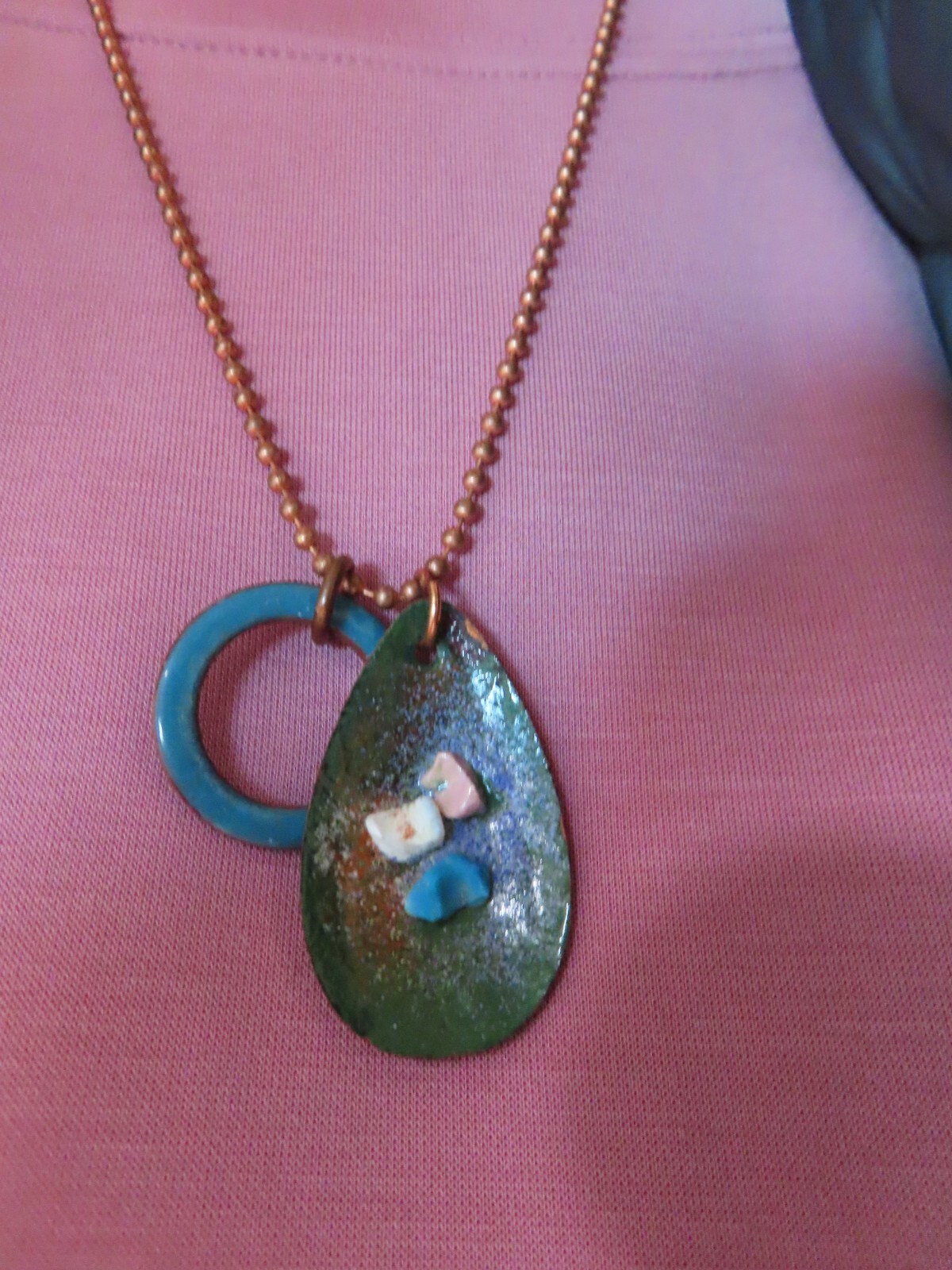 Vintage 1950’s Copper Ball Bead Chain w/TWO Gorgeous Enamel Slides
