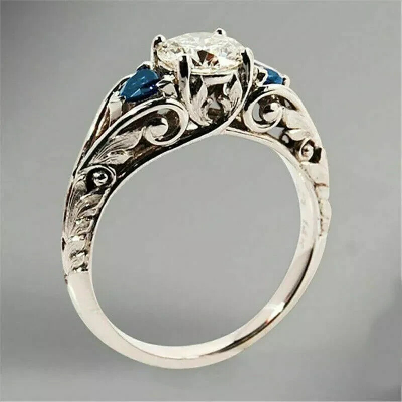 Antique Art Deco Lab Created Diamond & Sapphire 14K White Gold FN Wedding Ring