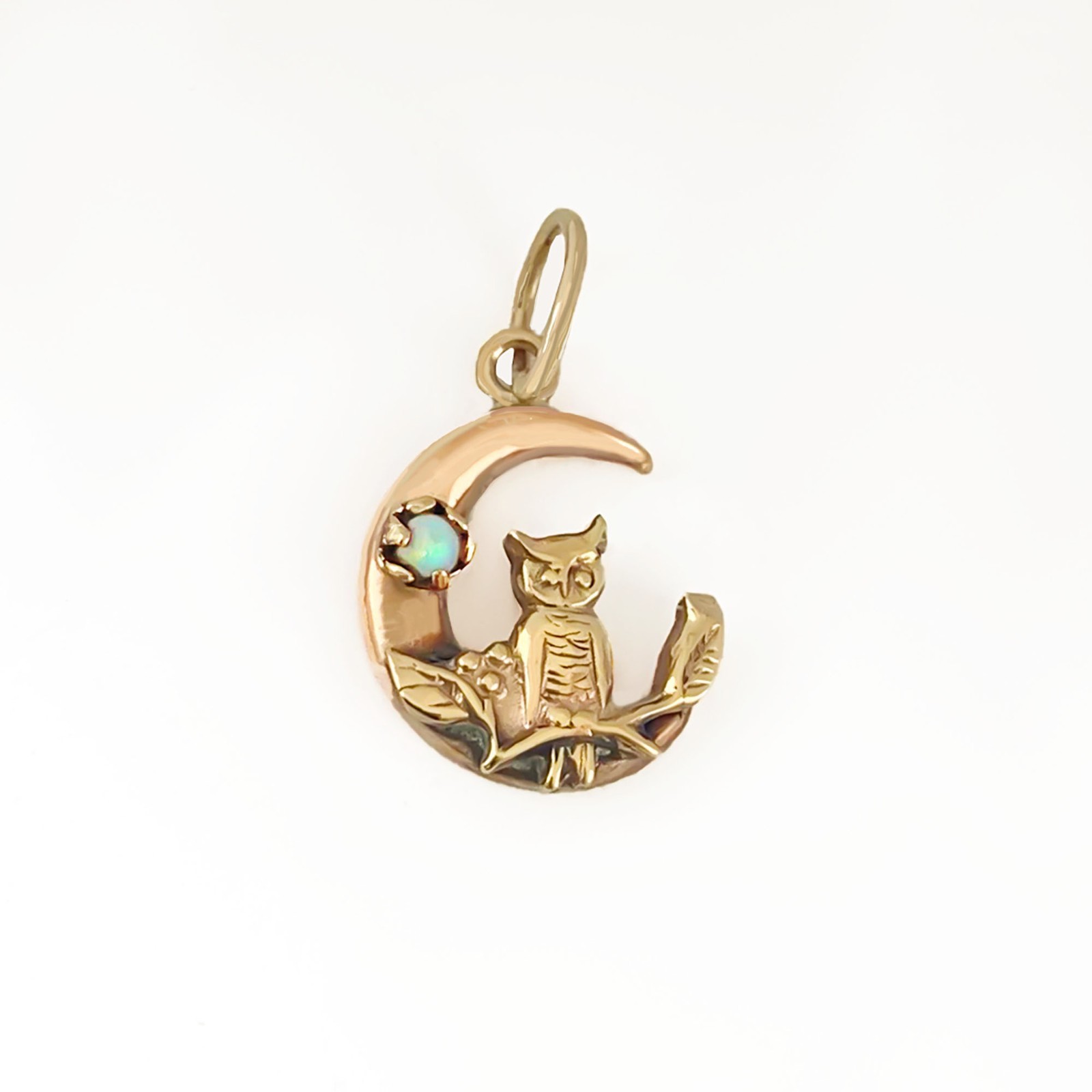 Victorian Owl and Opal Crescent Moon Pendant, Antique Gold Charm