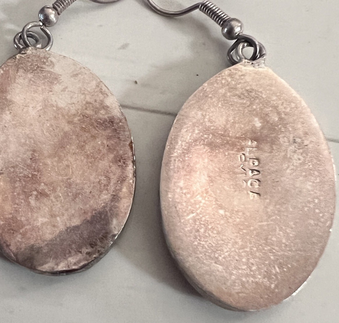 Vintage Mother of Pearl Alpaca Red Dangle Hook Earrings With Flower Floral