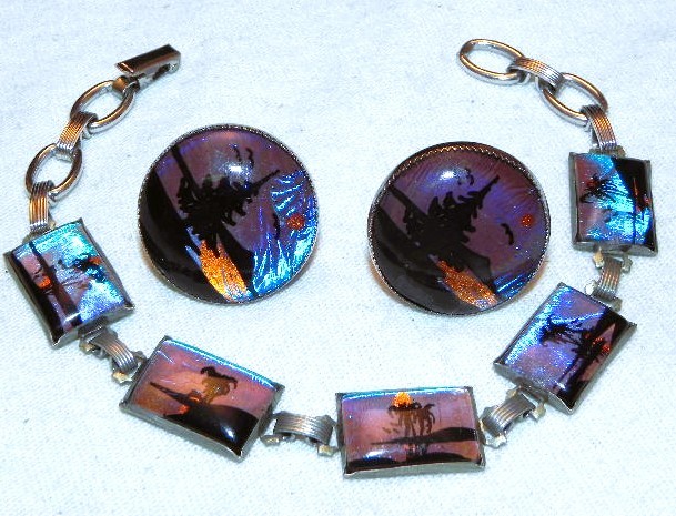 Vintage Hoffman Blue Morpho Butterfly Wing Bracelet w Earring Set Silver Tone