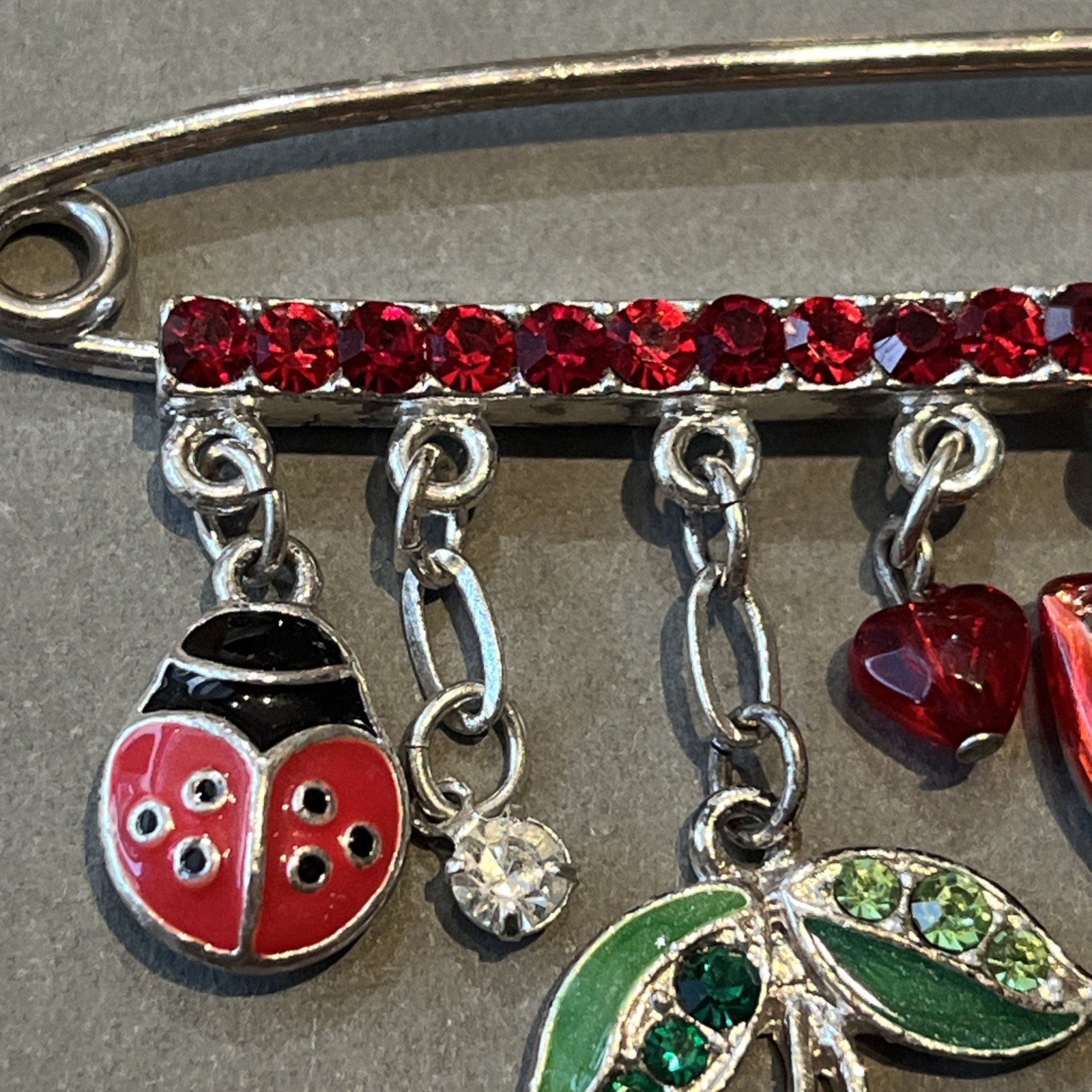 Vtg Lucky Charm Safety Pin Brooch Lips Heart Cherries Ladybug Nature Love & Luck