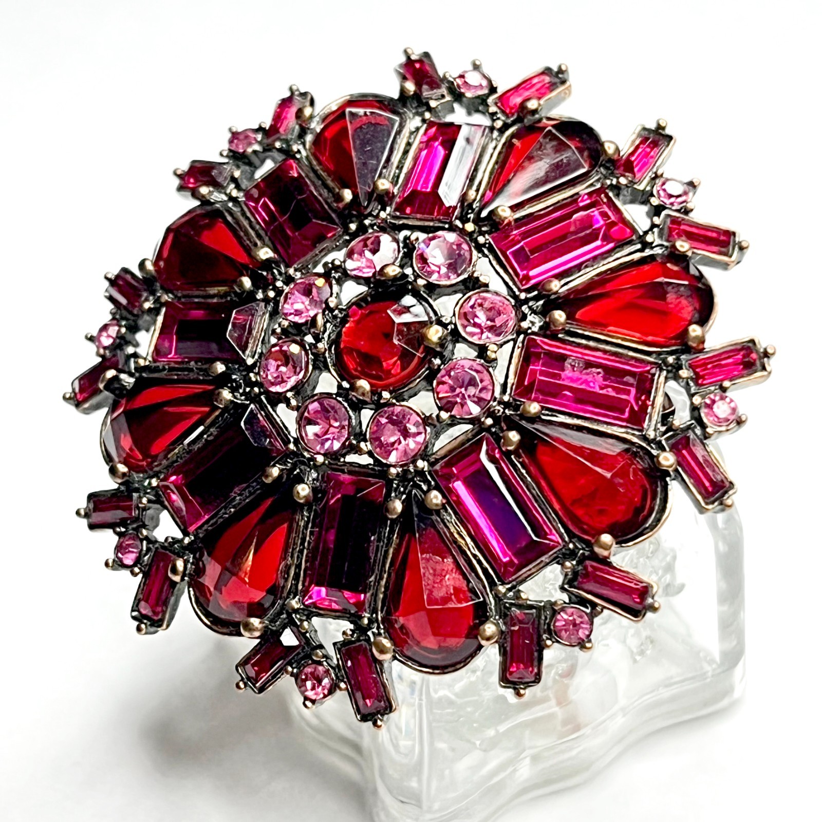 VTG Large Flower Snowflake Brooch Pin Red Fuchsia Pink Purple Glass Rhinestones