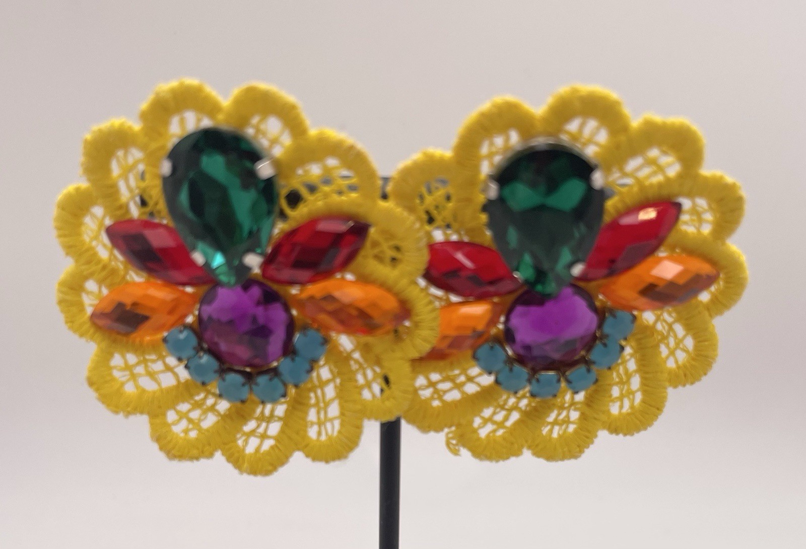 Vintage Handmade Tropical Yellow Multicolor Rhinestone Statement Earrings