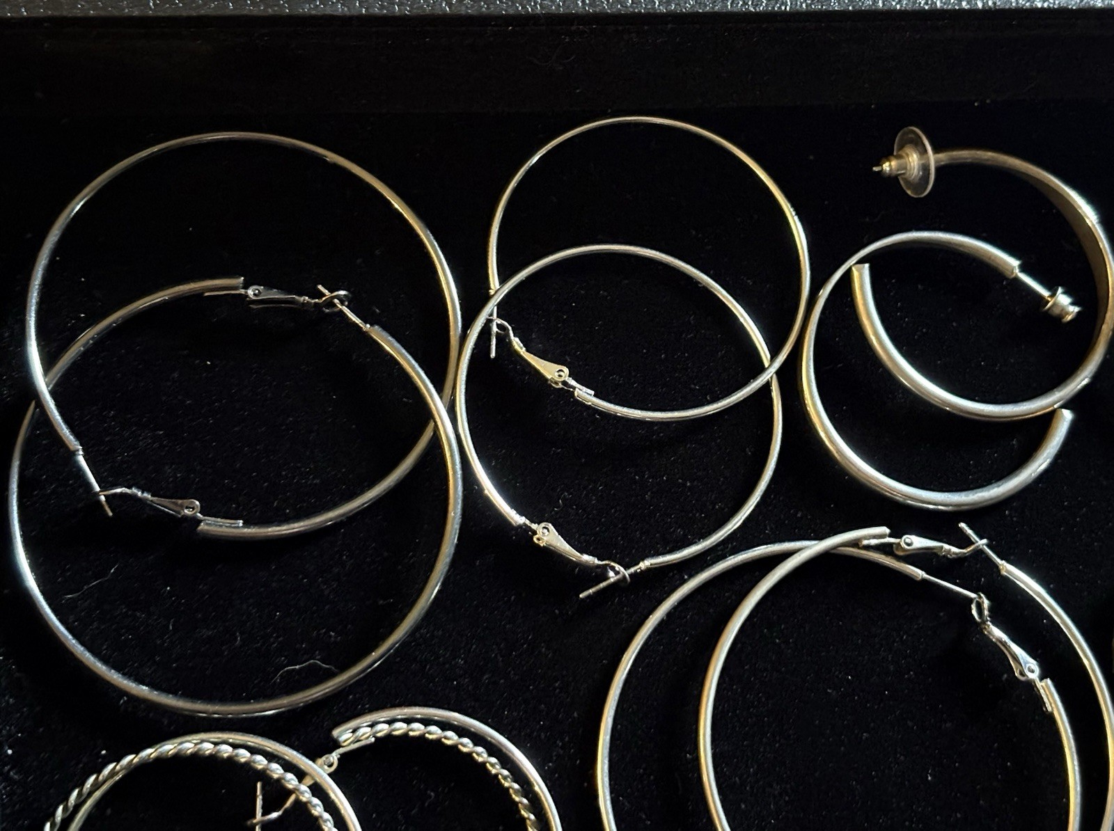 14 Pairs Assorted Vintage Hoop Earrings Various Sizes And Styles Silver Tone