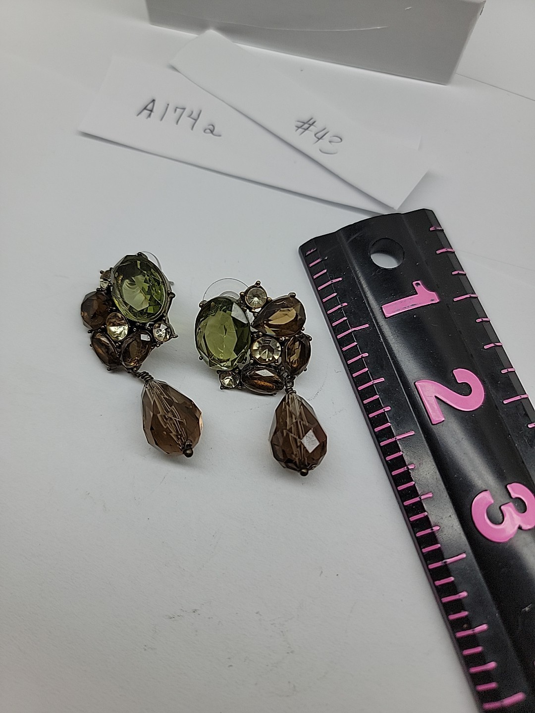 Green Brown Vintage Gem Stud With Bead Dangle Olive Green Golden Brown Unbranded