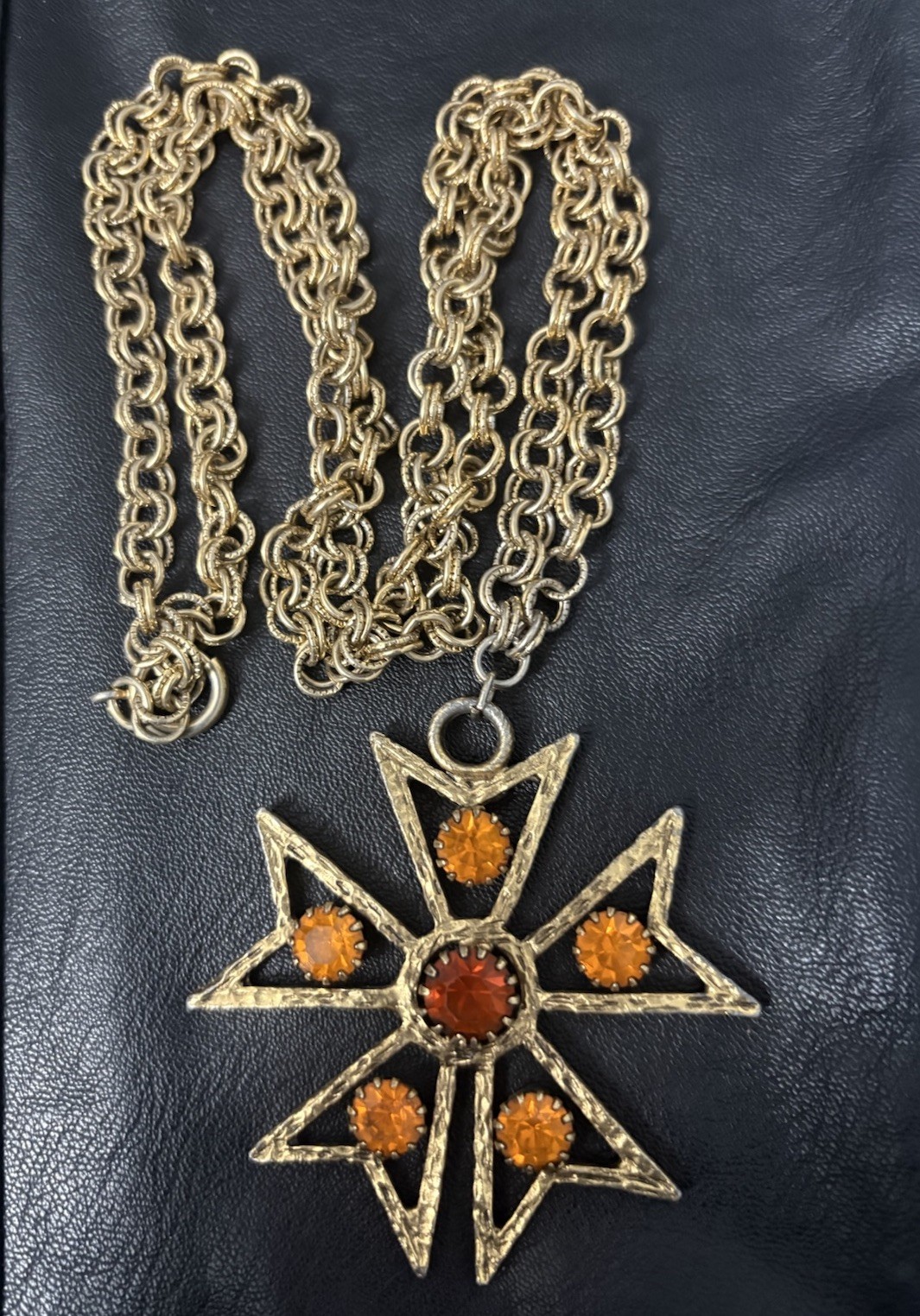 Vintage Edlee Pendant Necklace Maltese Cross Rhinestone Starburst Gold Tone 30”