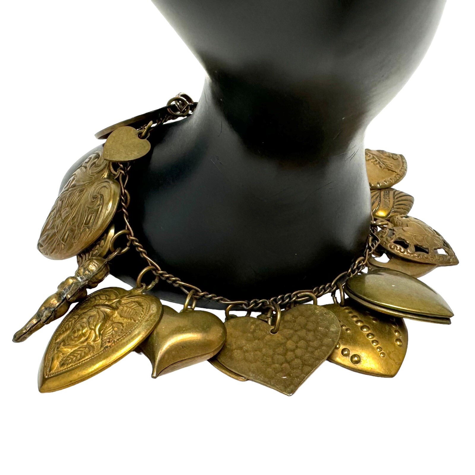 Victorian Style Bronze Color Embossed Fancy Hearts Cherub Charm Bracelet