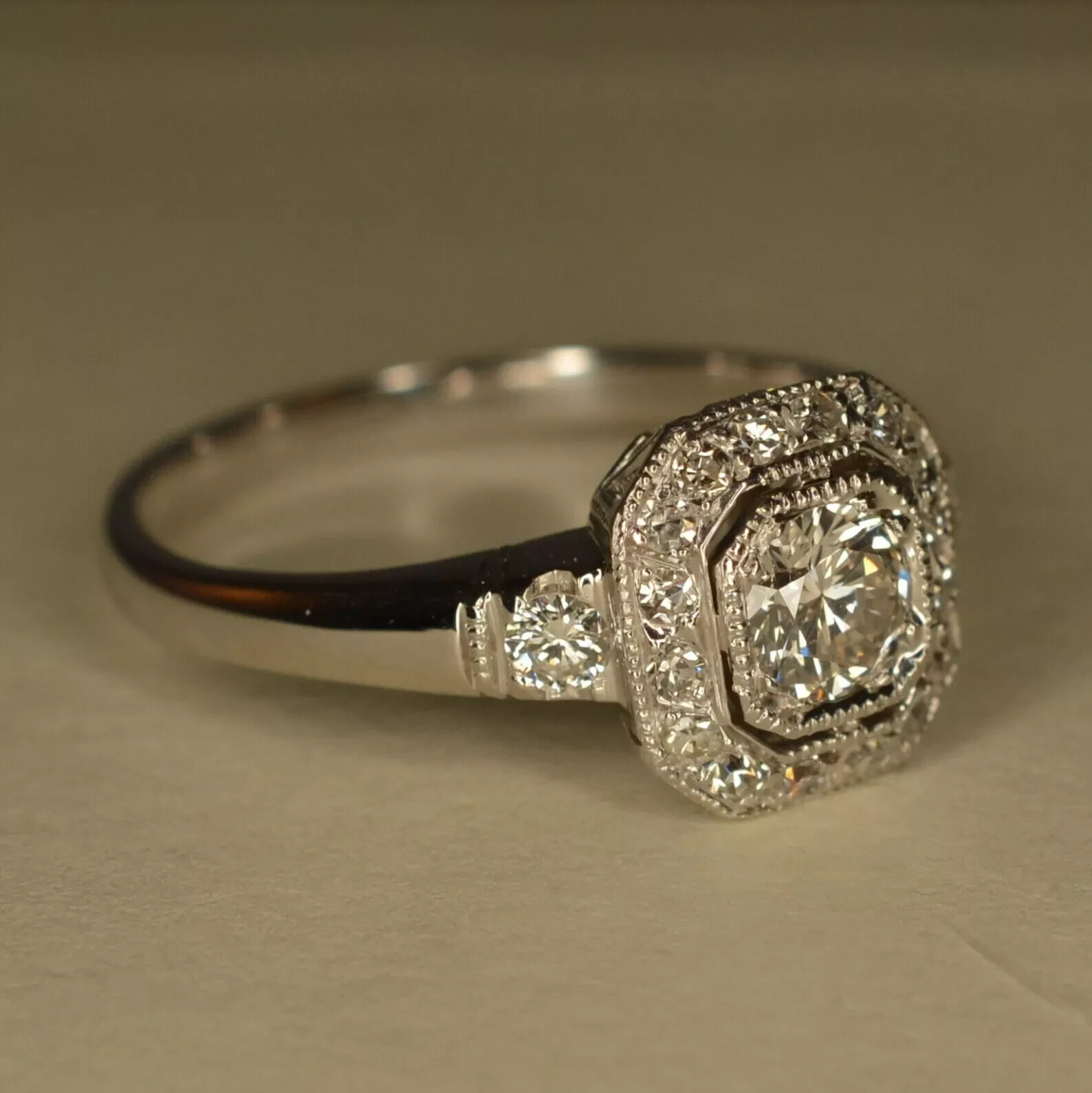 Art Deco Vintage 2Ct Round Lab Created Diamond 14K White Gold FN Engagement Ring