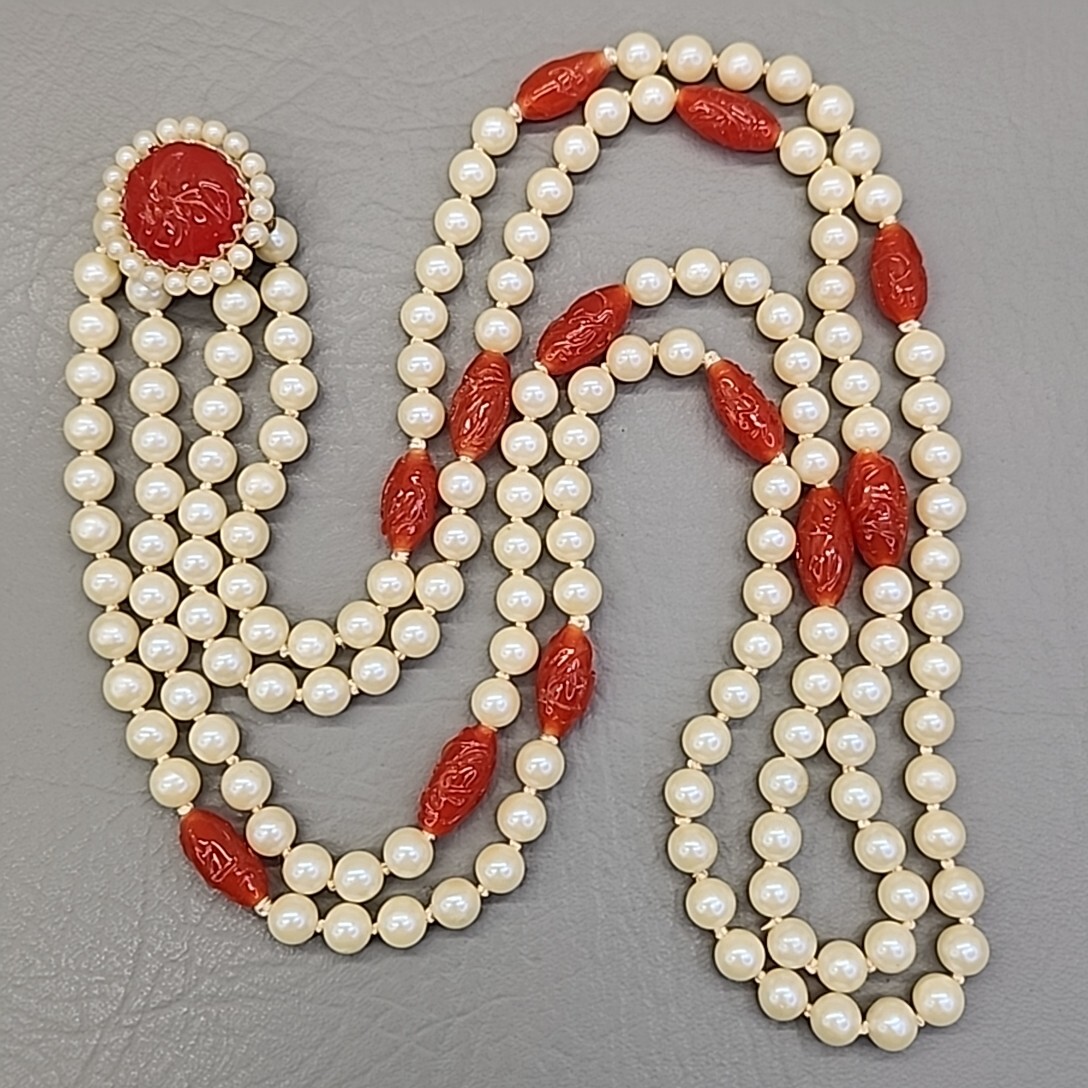 Vtg Bead Necklace Earrings Faux Pearls Layered Peach Art Glass Hong Kong 31″