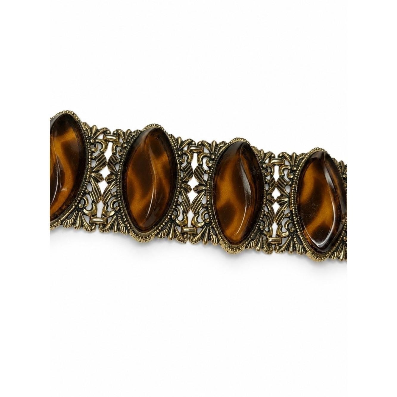 Vintage Tortoise Shell Resin Cuff Bracelet Wide Filigree Gold Tone Statement 6.5