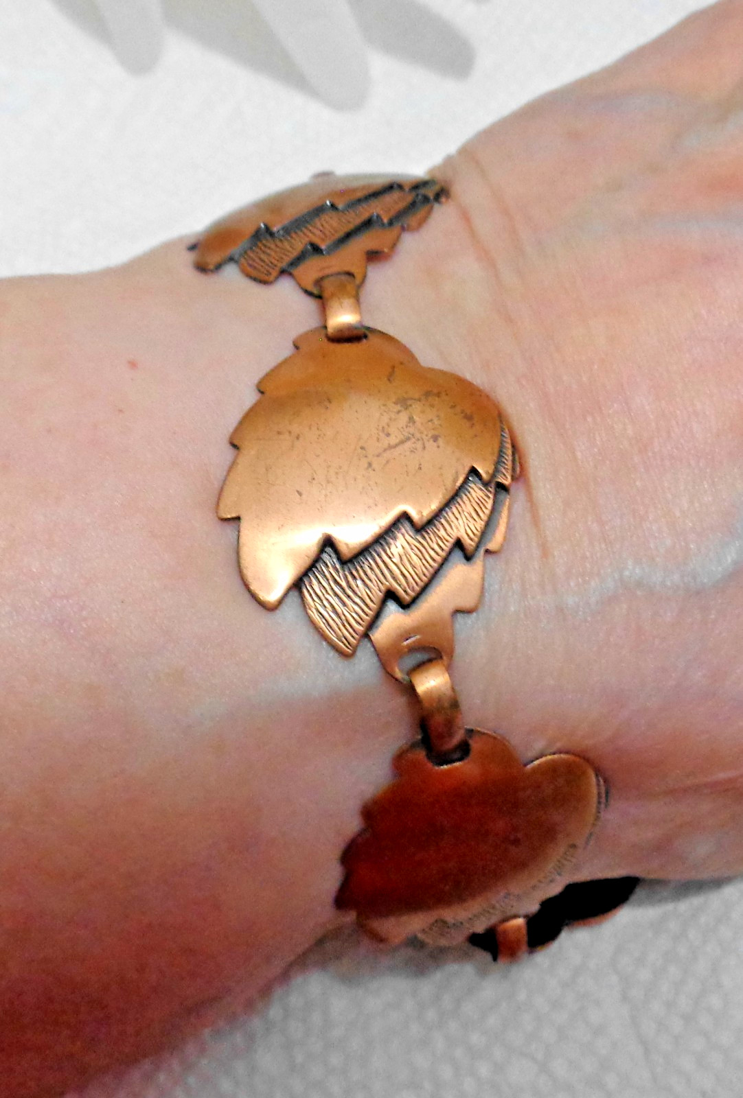 8 inch Vintage Solid Copper Renoir Triple Leaf Panels Bracelet 1″ 21.6 grams