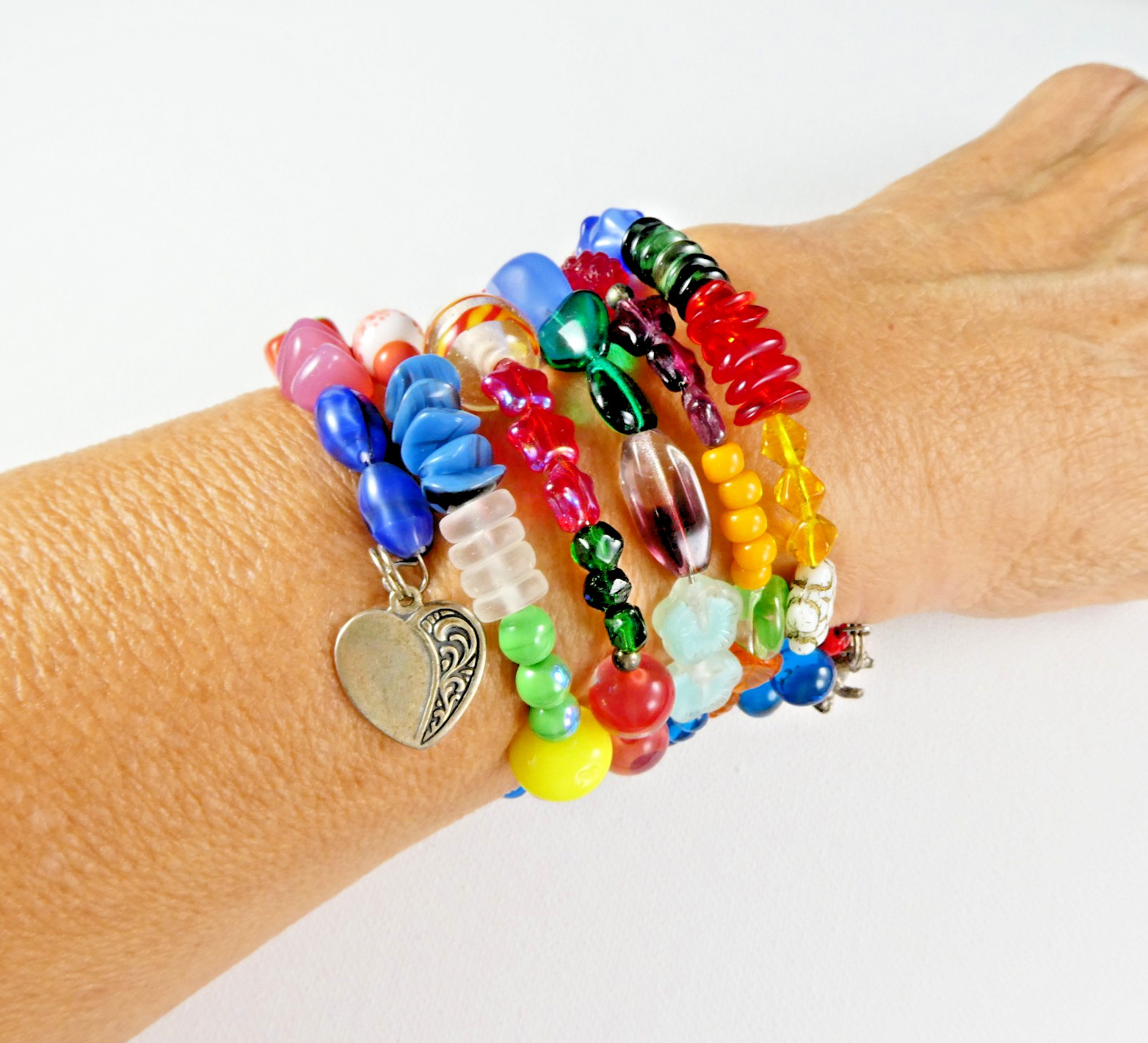 Vintage Fruit Salad Art Glass Coil Wrap Bracelet 2 Sterling Silver Charms HEART