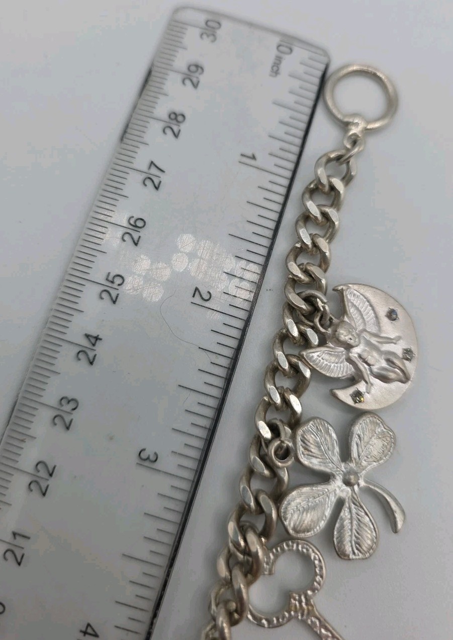 Vintage Silver Tone Chunky Charm Bracelet Heart Key Clover 8″ Cross Love Luck