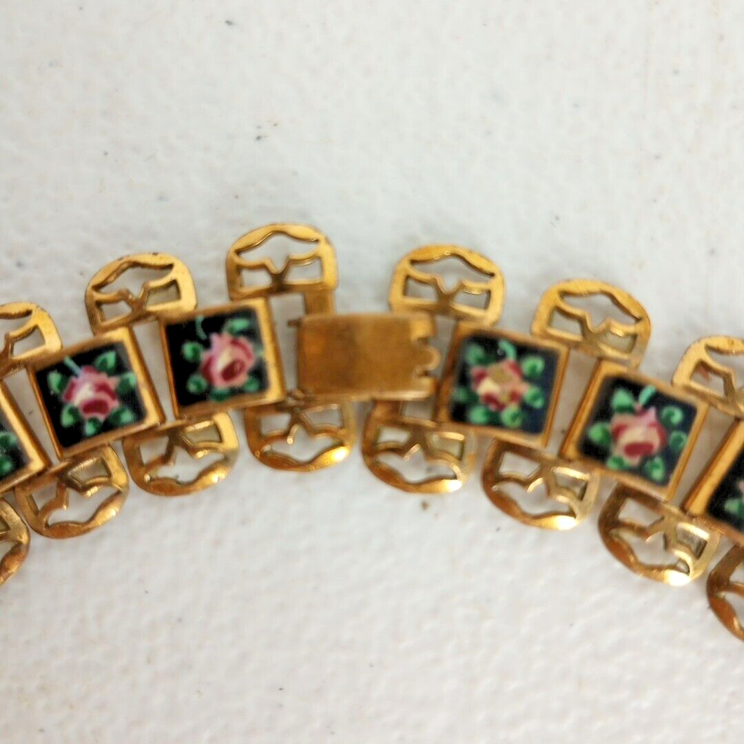 Vtg Gold Tone & Enamel Panel Necklace Choker Hand Painted Roses 15″ Unsigned EUC