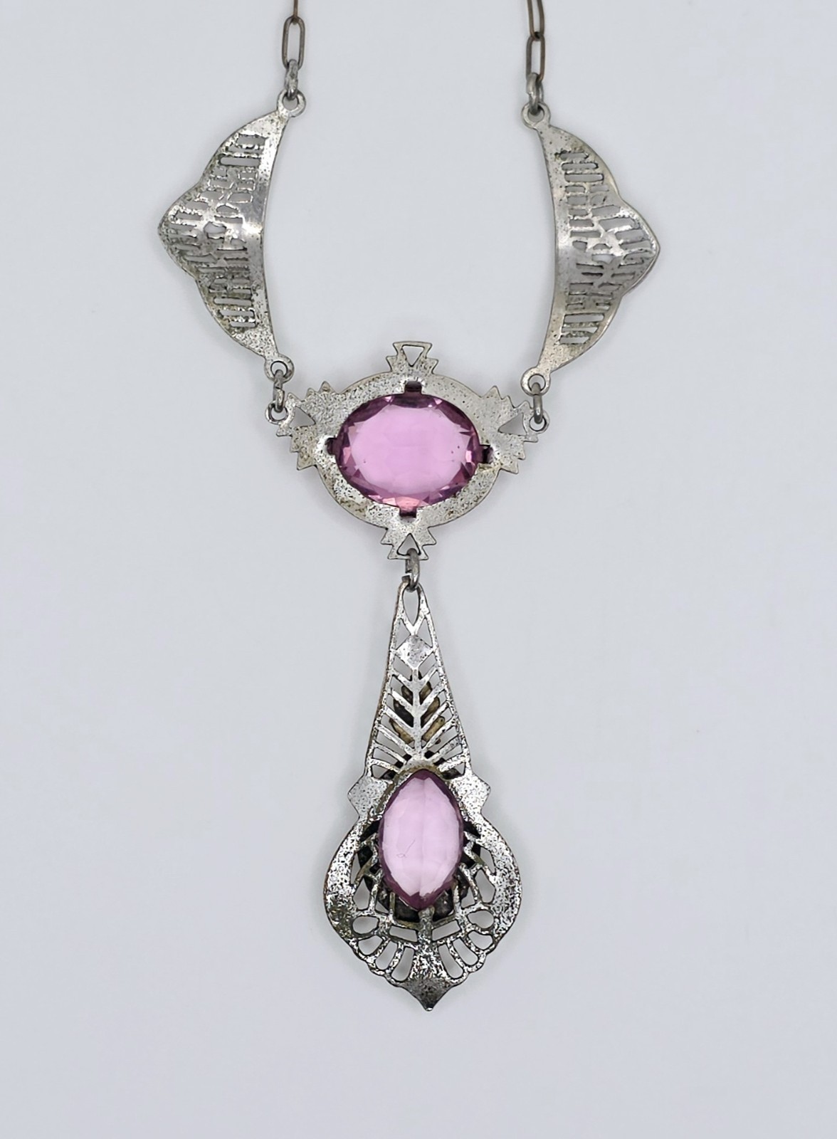 Antique Art Deco Lavalier Pendant Necklace Pink Glass Filigree Edwardian