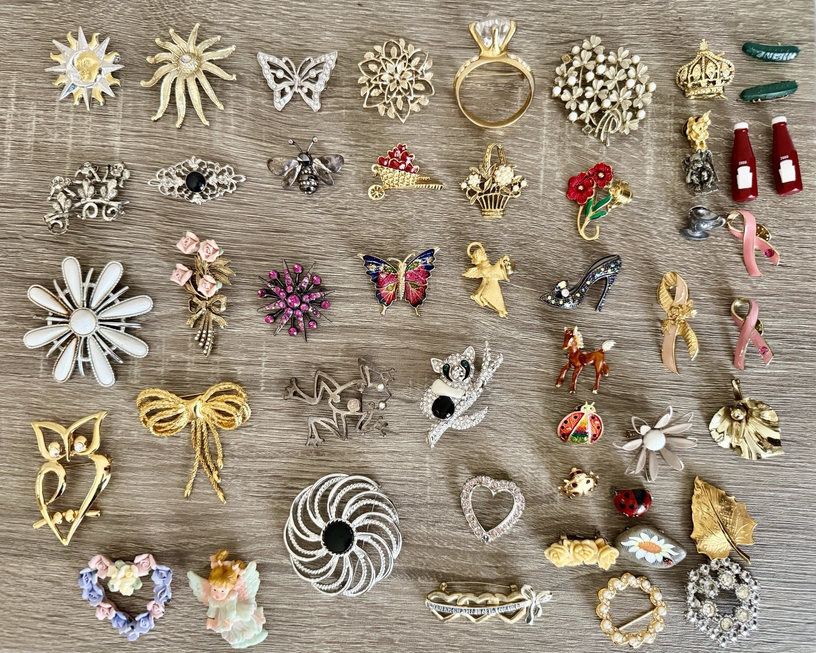 Vintage to Now Costume Jewelry Brooch Pin Lot 50 Pc Rhinestone Cat Enamel Flower