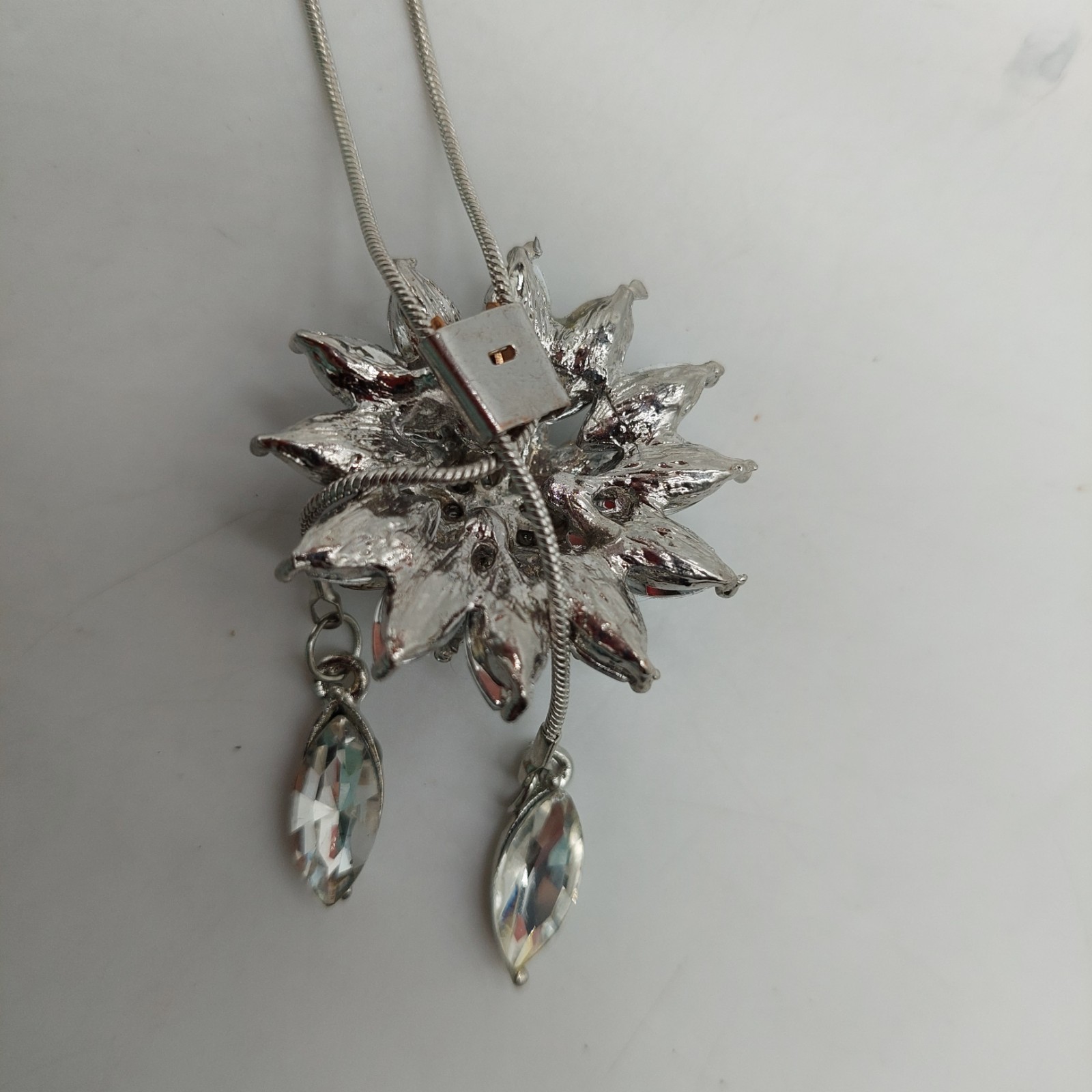 Clear Marquise Rhinestone Flower Silver Tone Lariat Slide Necklace Vintage
