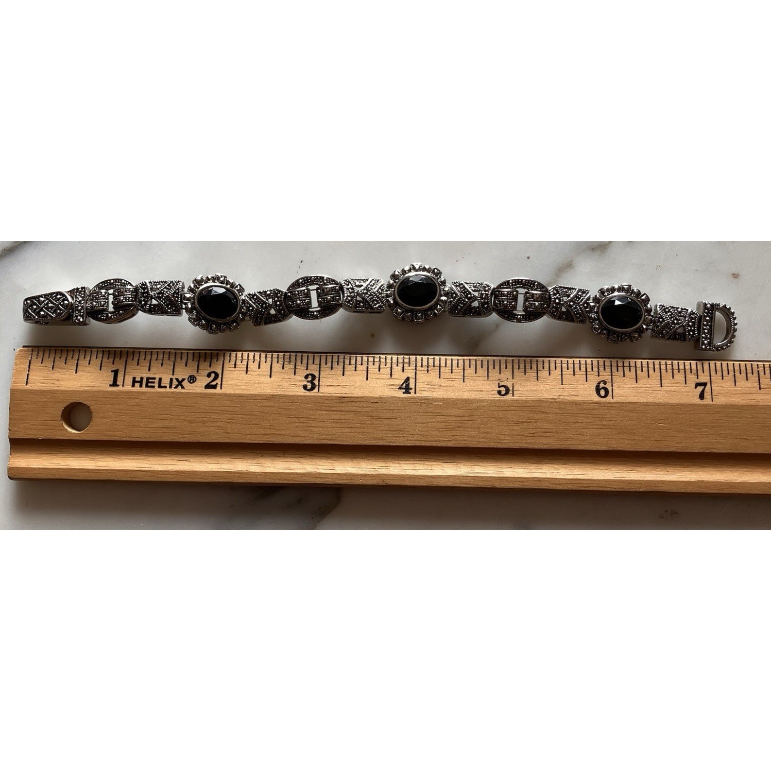 Vintage Silvertone Marcasite Black Stone 7.5″ Bracelet Sparkle EUC