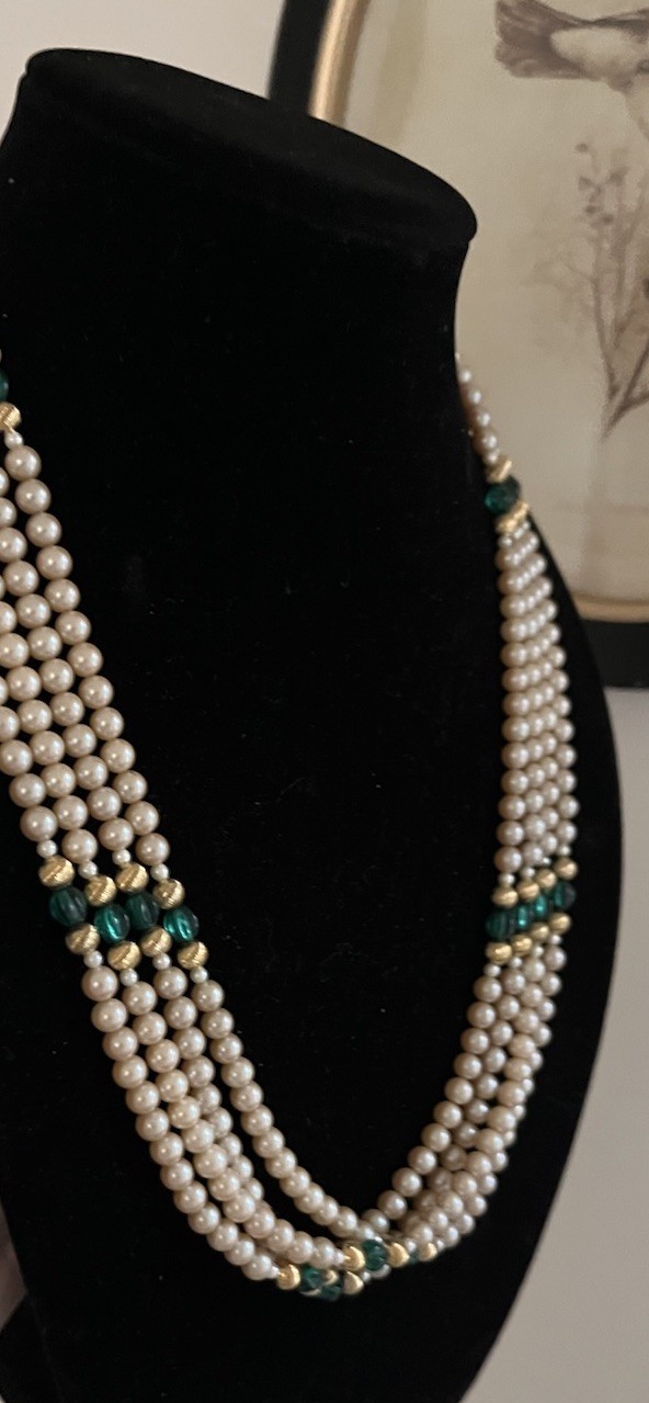 Vintage 4 Layered Ivory Pearl Green Glass Crystal Pave Clasp Beaded 24” Necklace