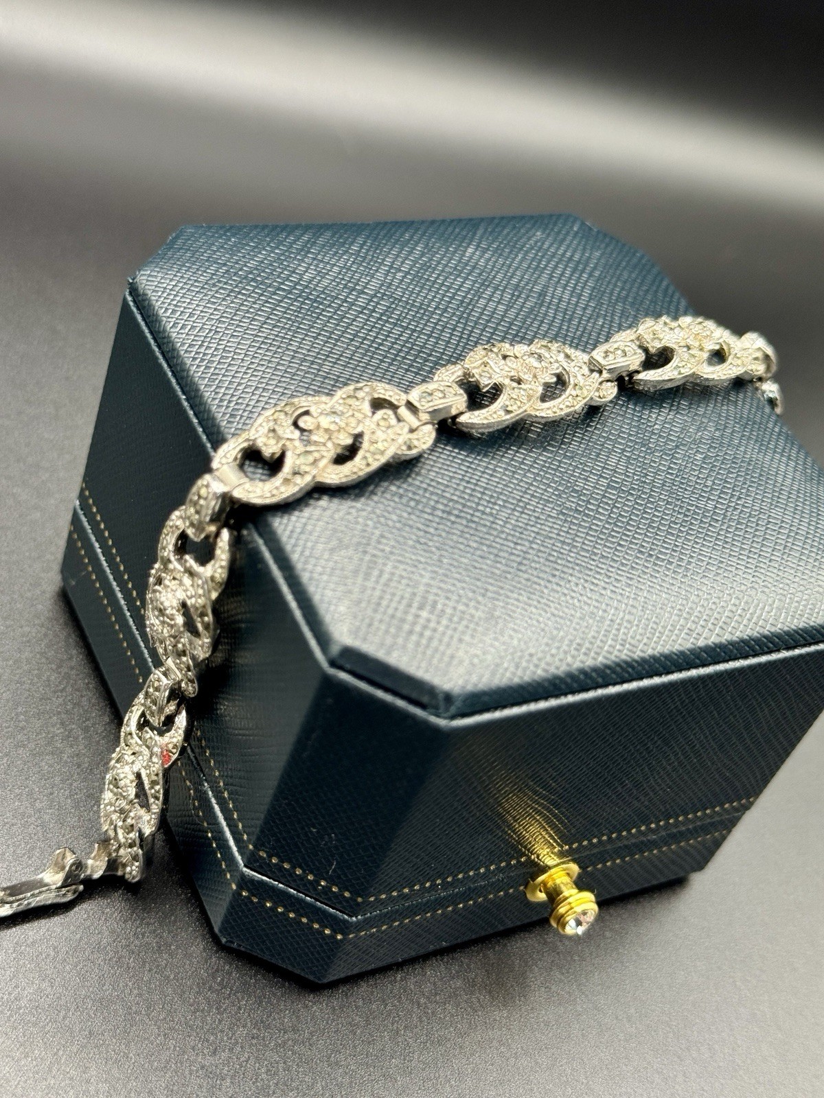 Antique Signed SPHINX Marcasite Link Bracelet Art Deco 1950s Floral Silver Tone
