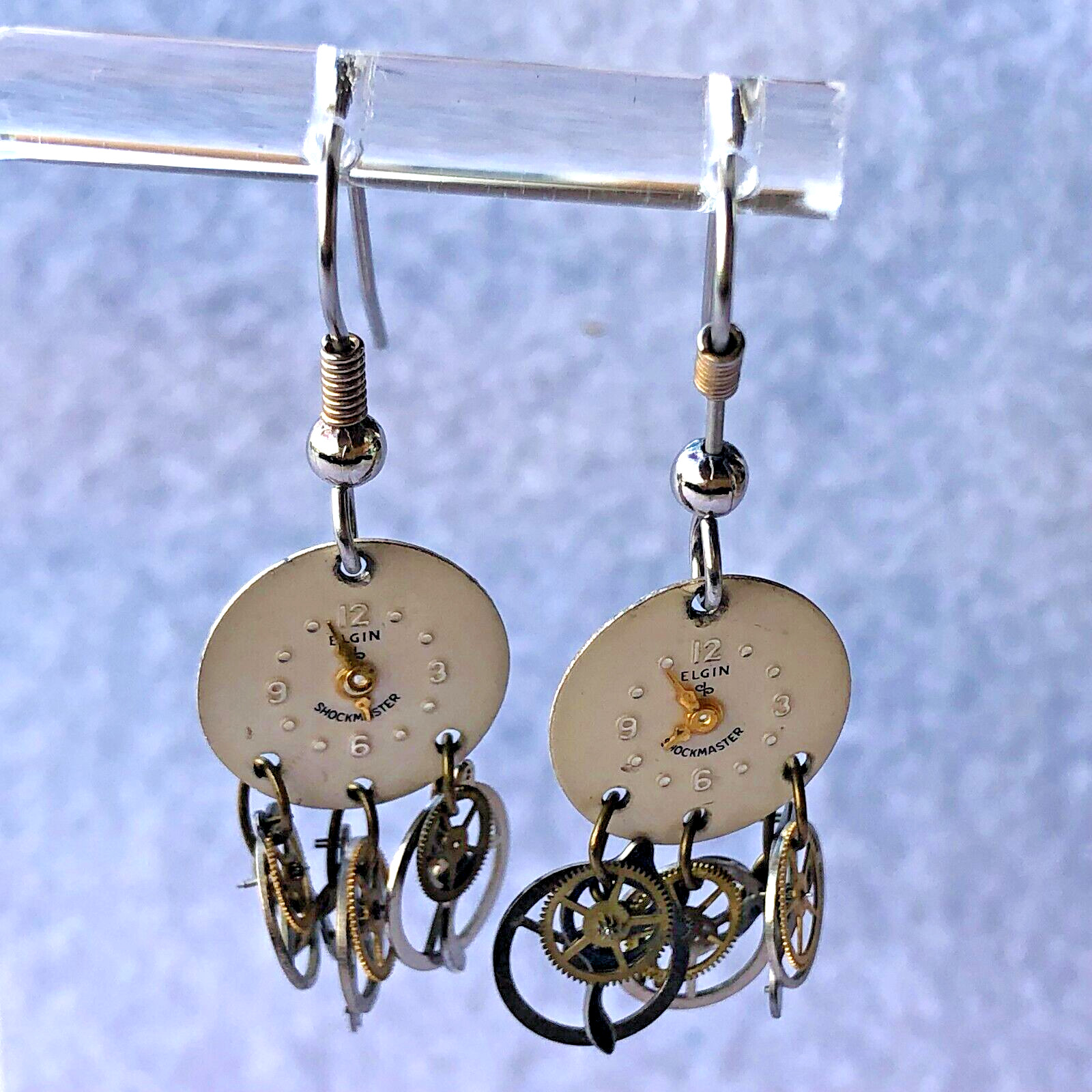 Vtg ELGIN Thin Shockmaster White Dial Dangle Earrings Watch Clock Unique Handmad