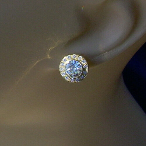 Original EARTH MINED DIAMOND Deco Bezel set Halo Studs Earrings SOLID 18K GOLD