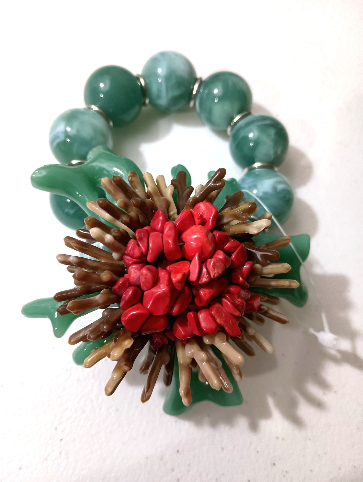 Vintage Green and Red Faux Coral Reef Statement Stretch Bracelet Ocean