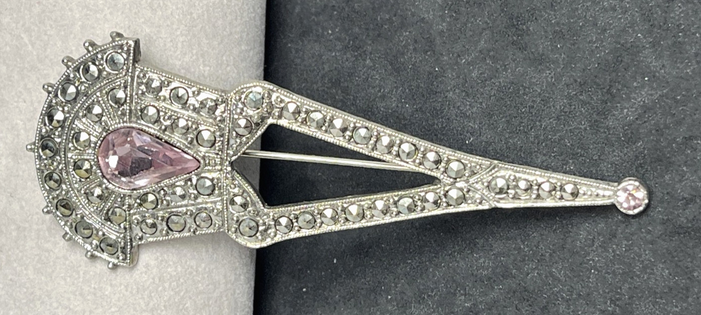 Vintage Art Deco Silver Tone Pink & Marcasite Rhinestones Brooch Pin