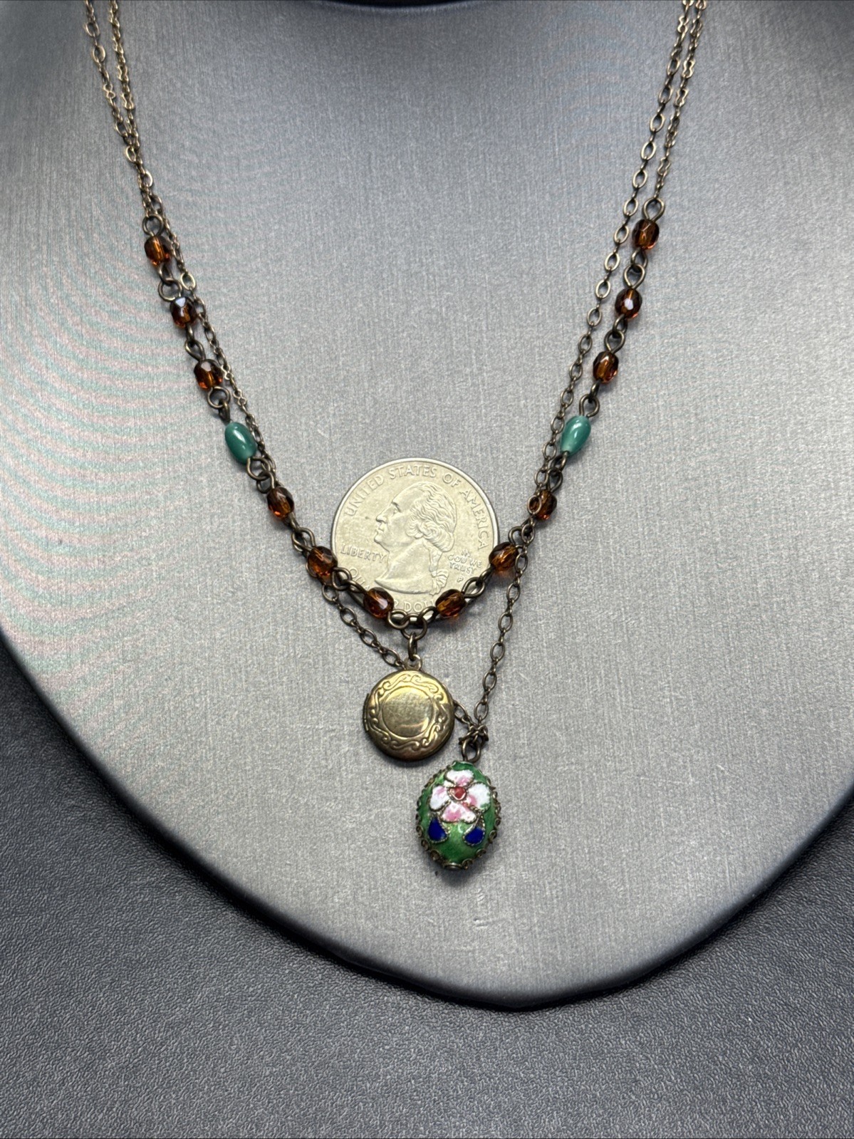 Vintage Necklace Picture Locket Cloisonné Pendant Glass Beads 2 Strand Necklace