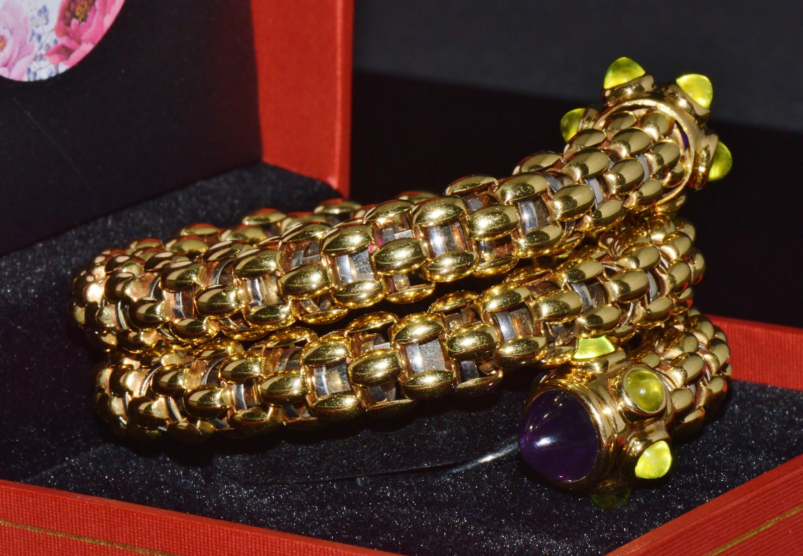 RARE VINTAGE FOPE AMETHYST 18K SOLID GOLD DOUBLE WRAP SNAKE FLEX’IT BRACELET