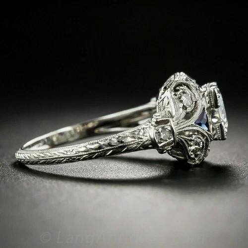 Art Deco Vintage Style 2Ct Lab Created Diamond & Sapphire 14K White Gold FN Ring