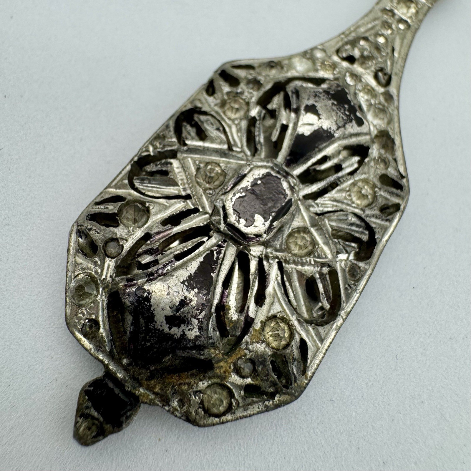 VTG Art Deco Crystal Rhinestone Pot Metal Elongated Amulet Pendant 3” AS IS