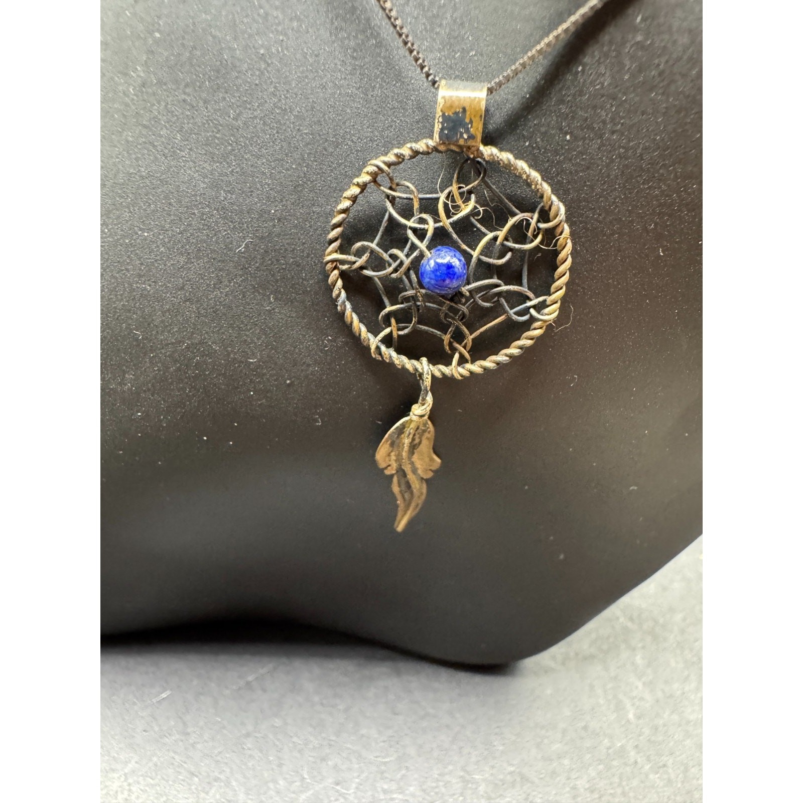 Vintage AGI Italy Signed Sterling Silver 925 Lapis Lazuli Dreamcatcher Necklace