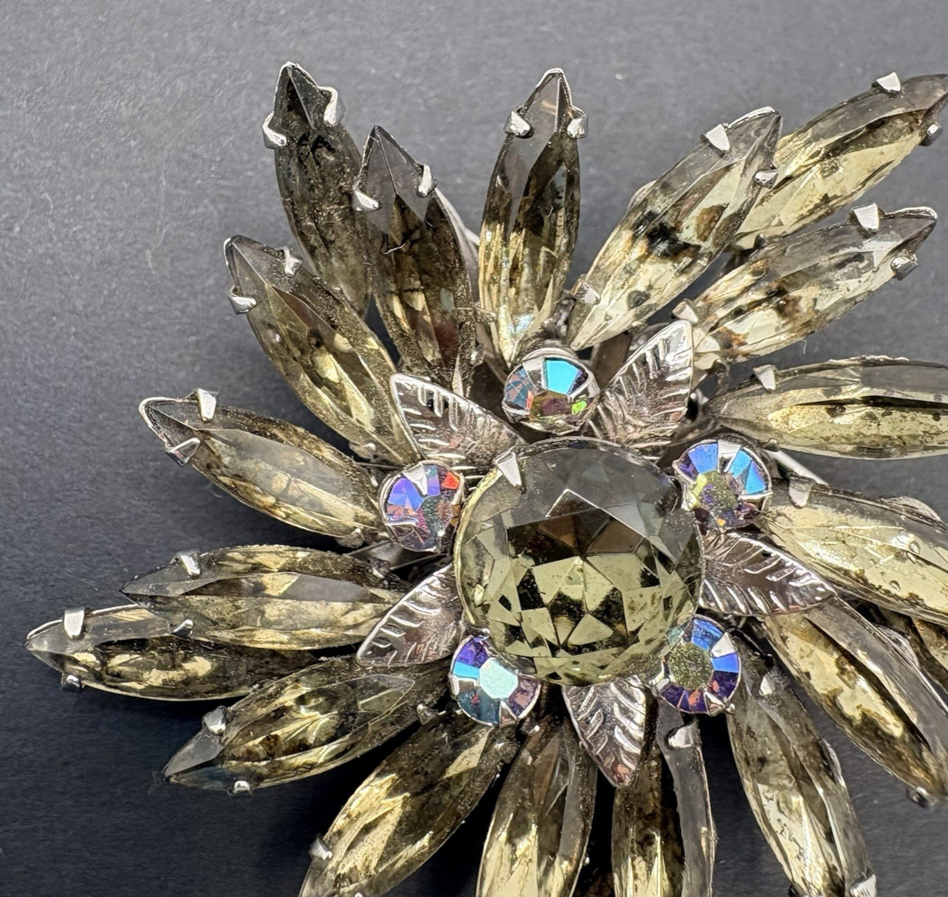 Vintage Smoky Gray Crystal Floral Swirl AB Crystals Brooch Silver Tone Prong Set