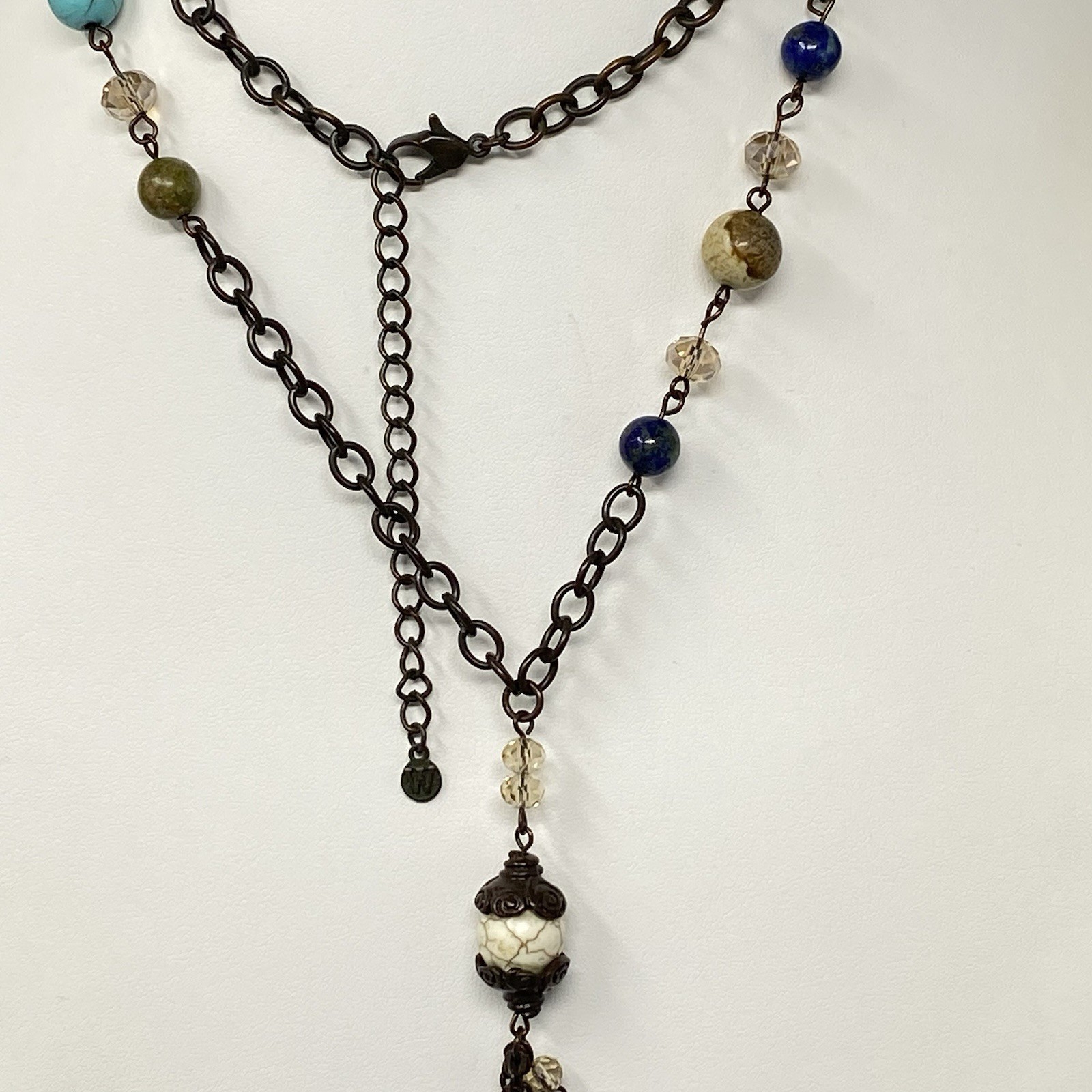 Bohemian Tassel Pendant Necklace Designer Assorted Gemstones Brown Chain 36″