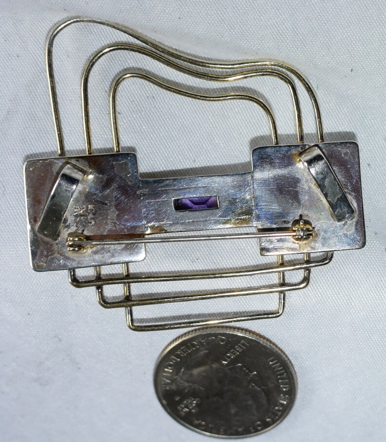 Vtg Signed YES Studio Poland Sterling Silver Amethyst Large Modern Pin & Pendant