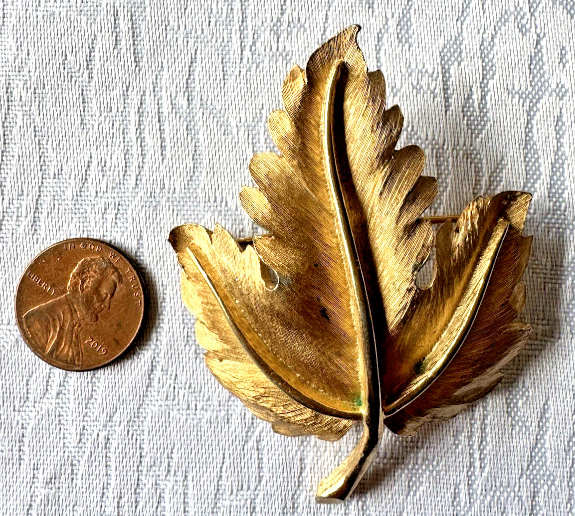 Vintage Gold Tone Leaf Brooch Signed Trifari Textured Mid Century Costume Jewel