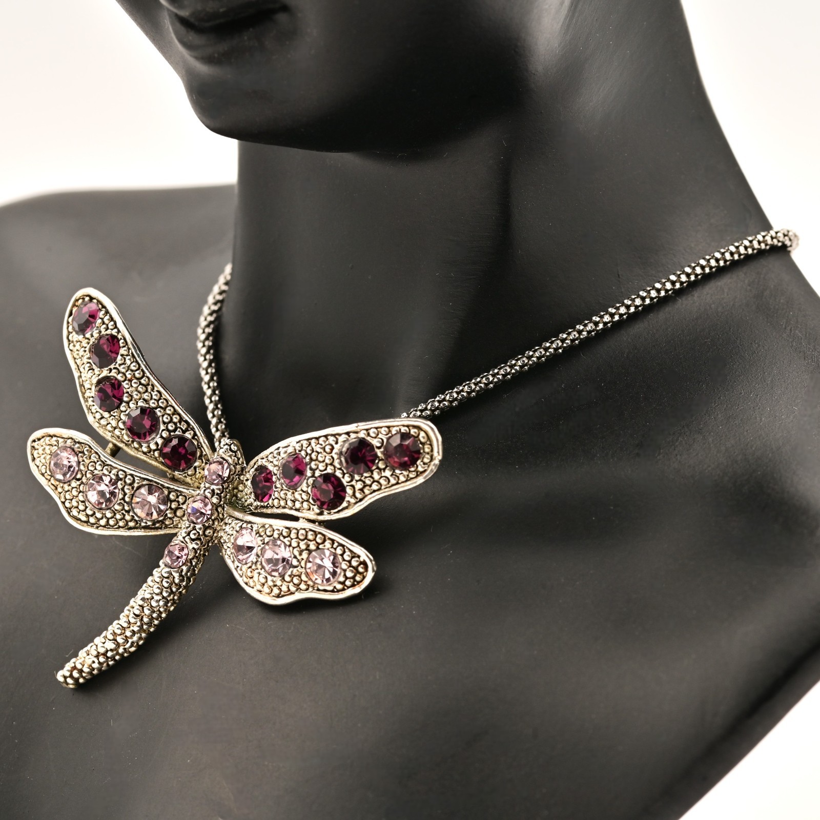 Vintage Original Sterling Silver Pink Gemstone Dragonfly Pendant Estate Necklace