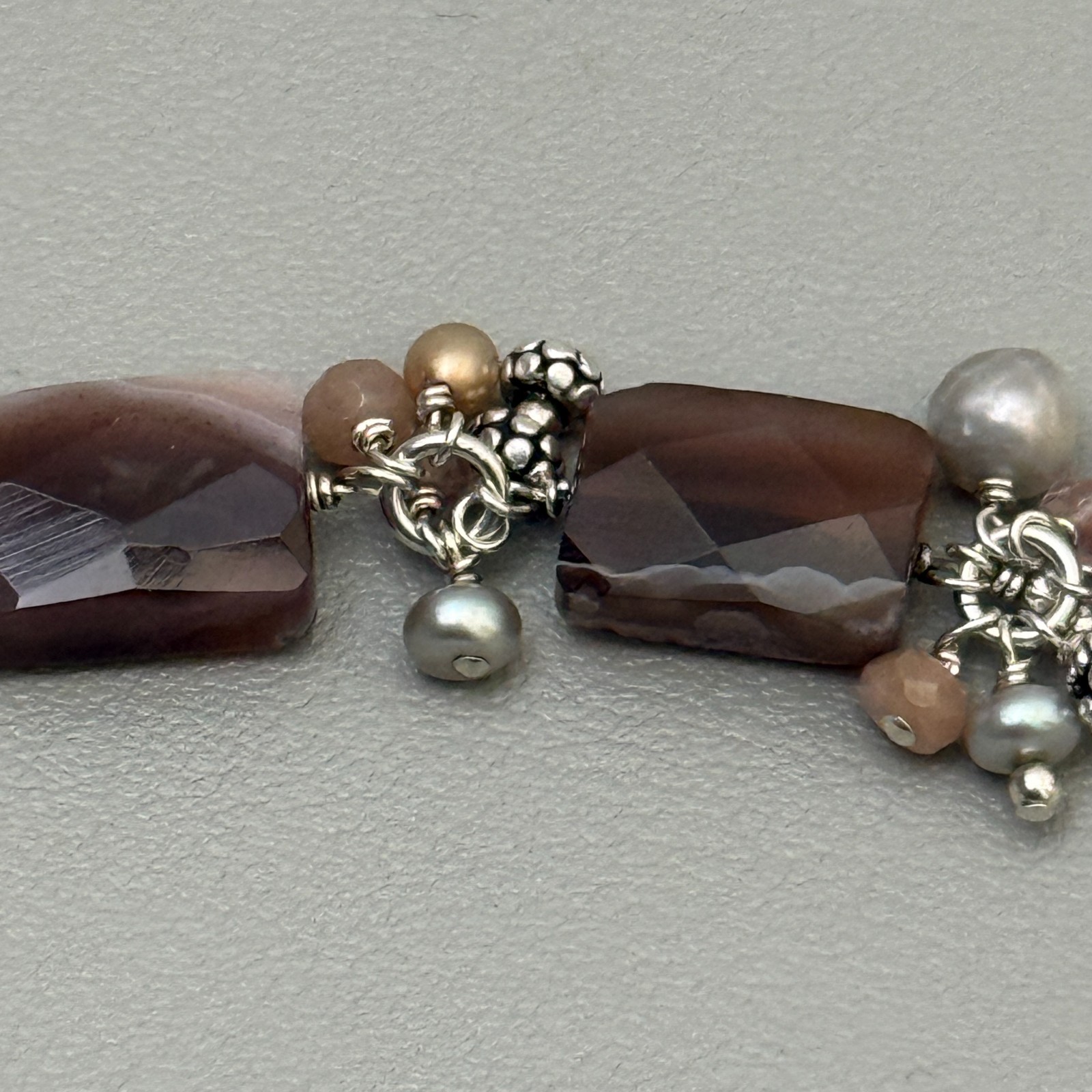 Artisan 925 Sterling Silver Banded Agate Pearl Bracelet Toggle Clasp 7″ Vintage