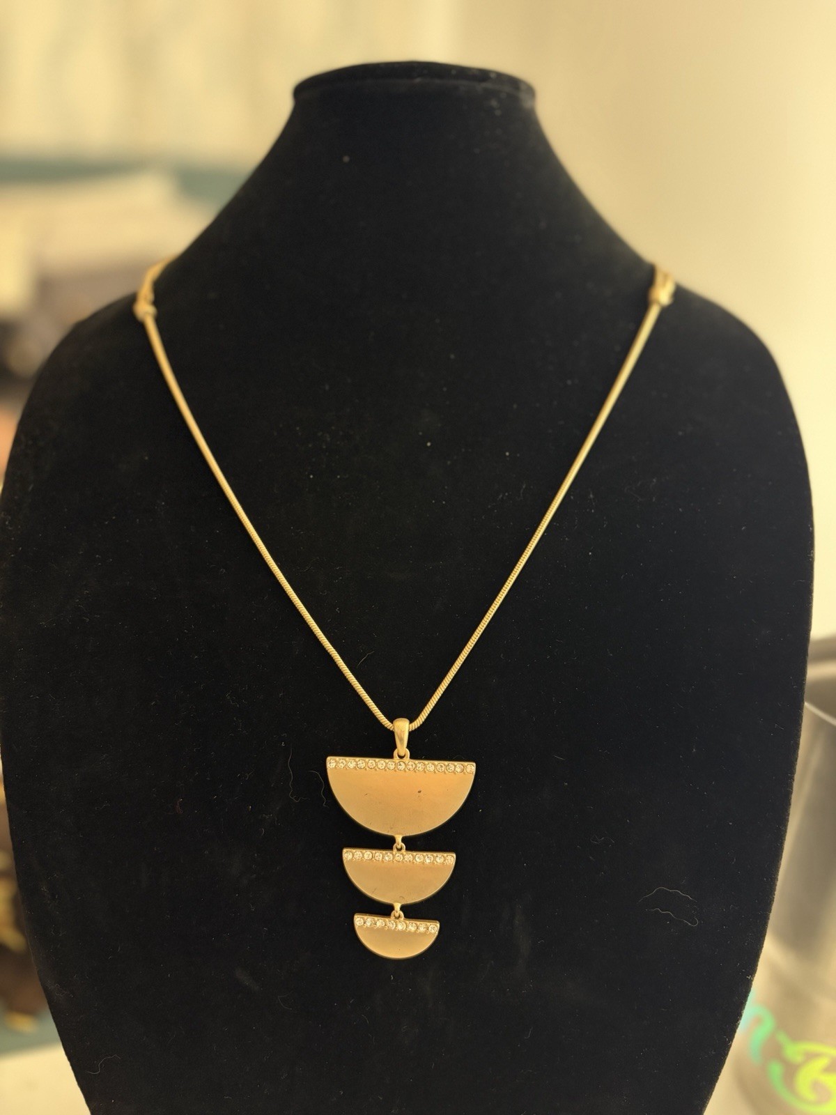 Vintage Gold Tone Adjustable Snake Chain Geometric Rhinestone Pendant Necklace
