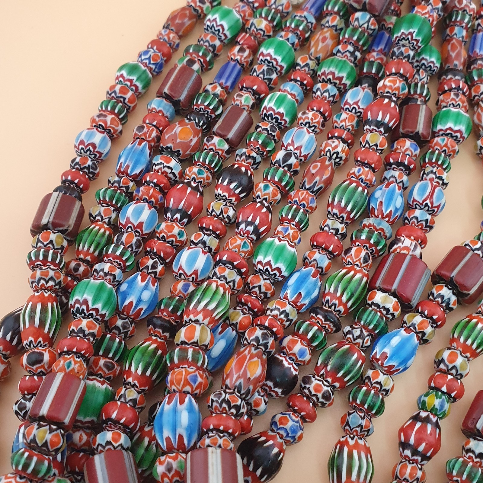Antique Venetian MultiColor Mix Chevron Glass Beads Strands Necklace